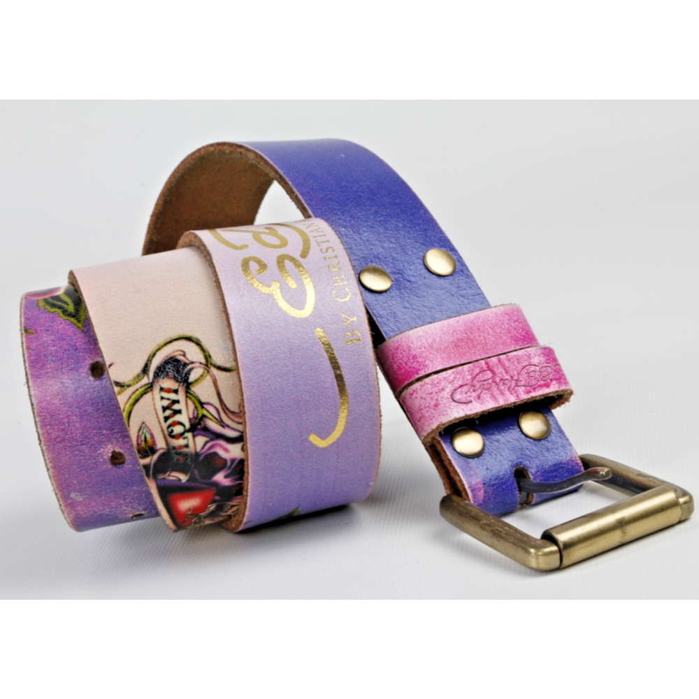 Ed Hardy Leather Belt Christian Audigier Purple Tattoo Print Love Kills Slowly L